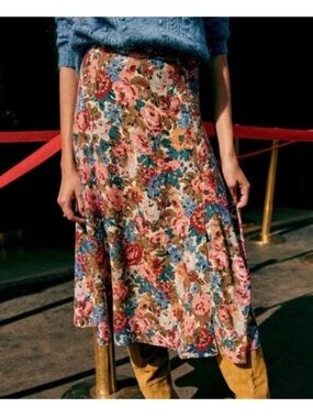 Sezane Floral Midi Skirt in Pink, Blue and Tan